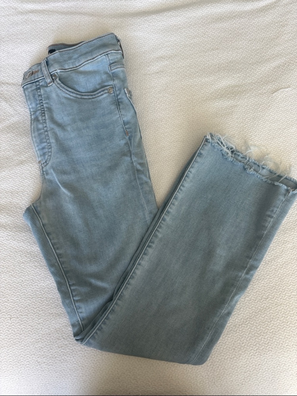 Express Light Wash Raw-Hem Cropped Flare High Rise Jeans